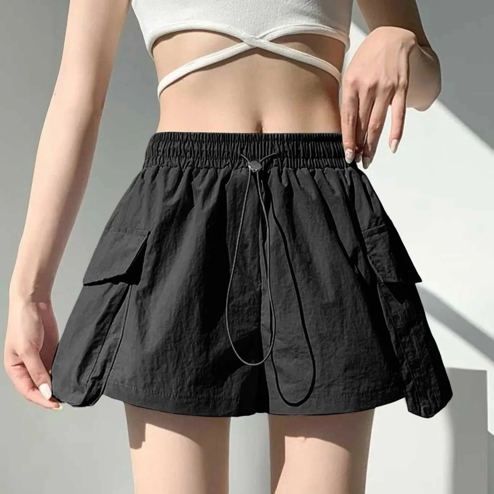Korean Style Purple High Waist Drawstring Wide Leg Women Fashion Elastic Pocket Chic Short