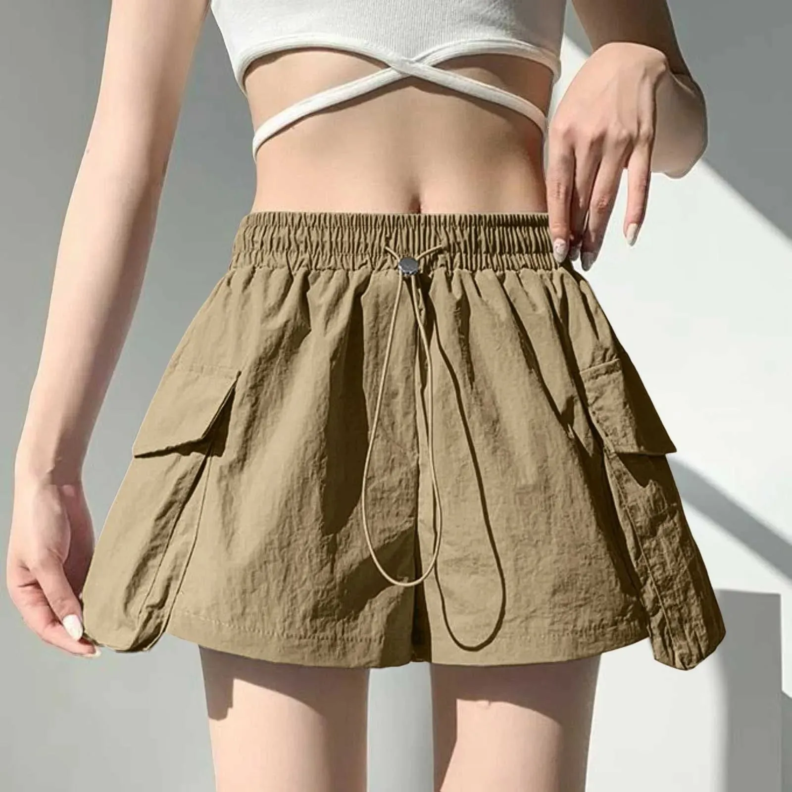 Korean Style Purple High Waist Drawstring Wide Leg Women Fashion Elastic Pocket Chic Short