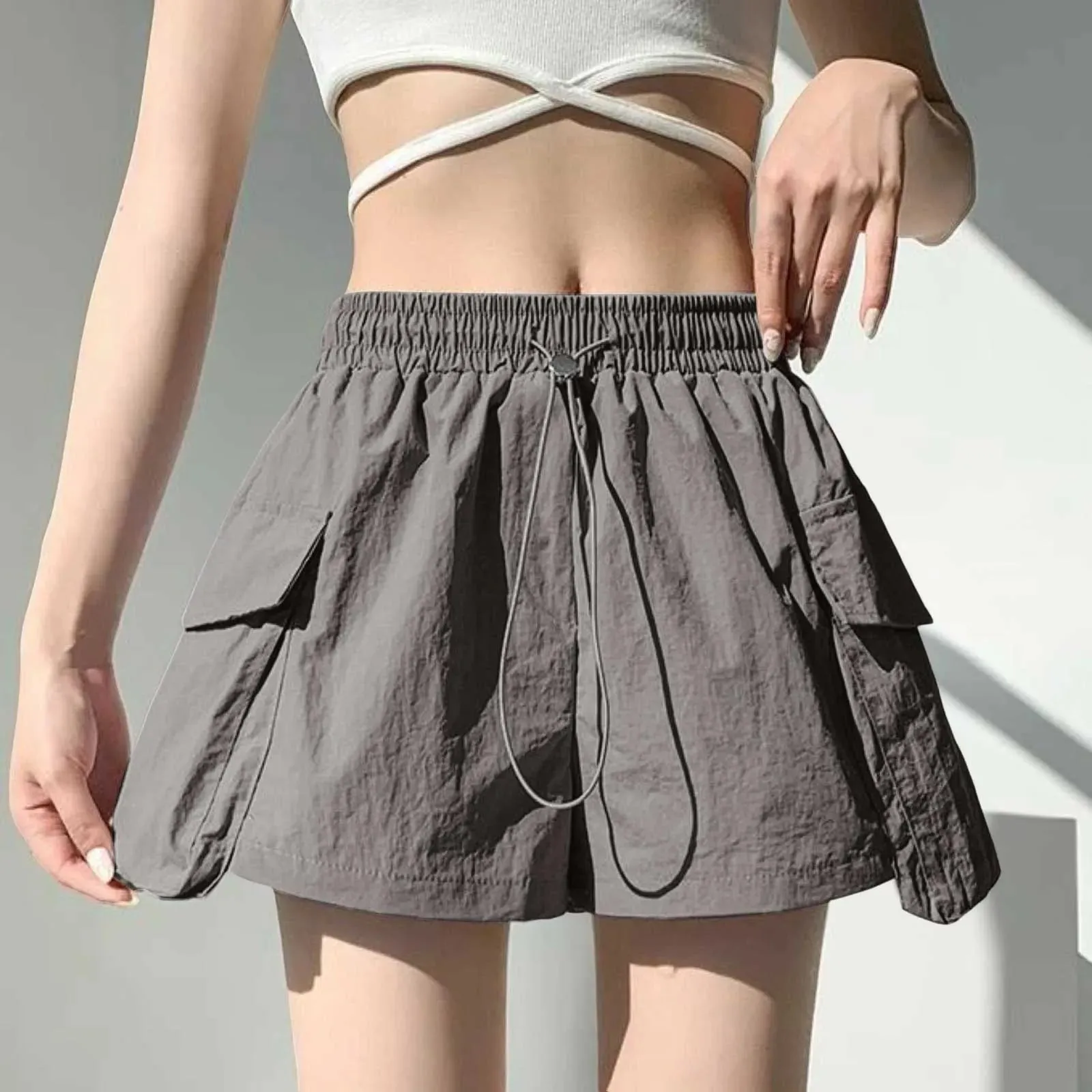 Korean Style Purple High Waist Drawstring Wide Leg Women Fashion Elastic Pocket Chic Short