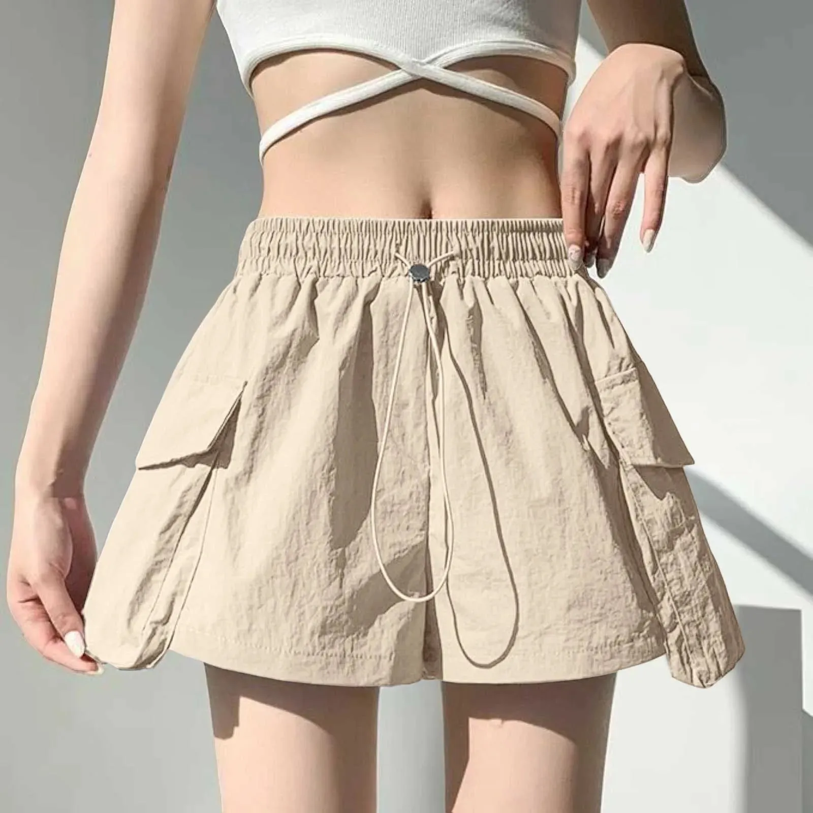Korean Style Purple High Waist Drawstring Wide Leg Women Fashion Elastic Pocket Chic Short