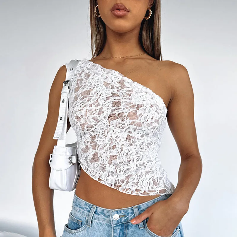 Lace Backless Top Summer Solid Color Waistless Asymmetrical Sloped Neck Vest Streetwear Womens Clothes