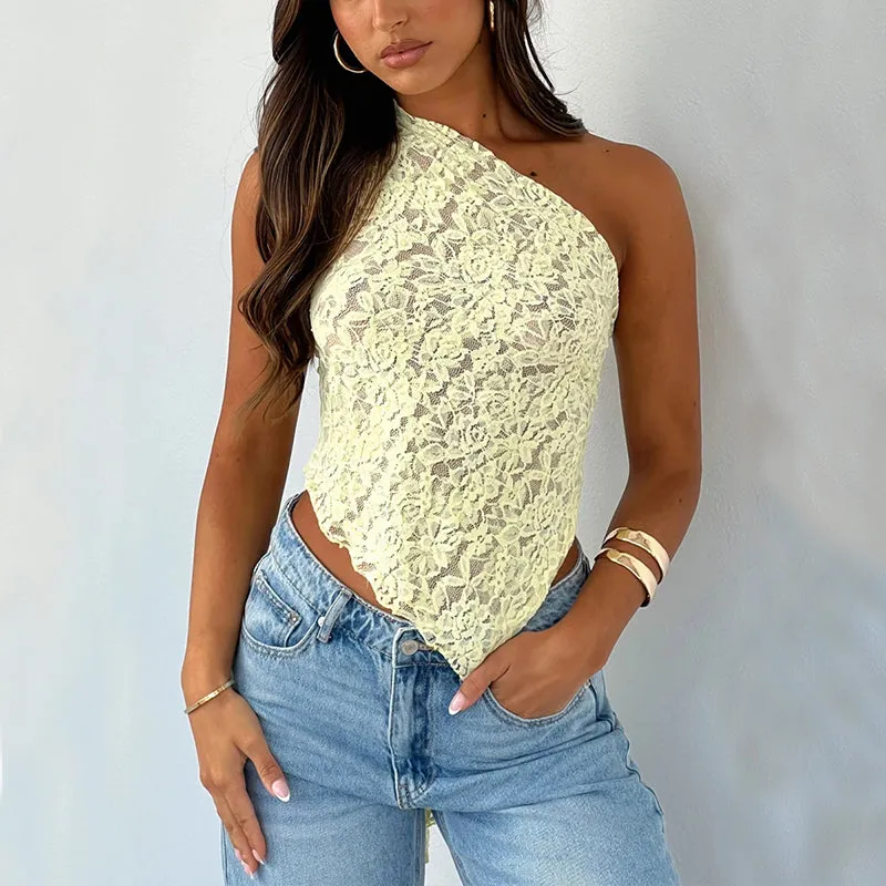 Lace Backless Top Summer Solid Color Waistless Asymmetrical Sloped Neck Vest Streetwear Womens Clothes