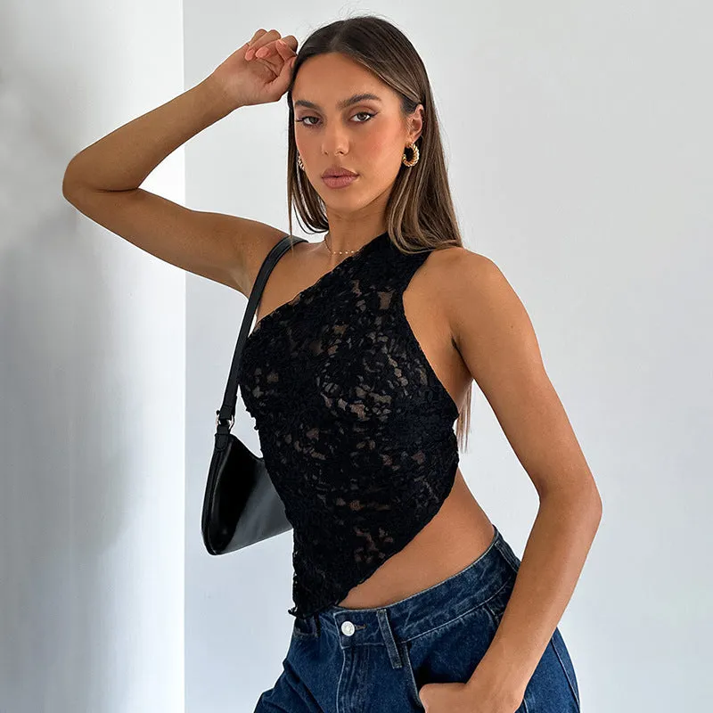 Lace Backless Top Summer Solid Color Waistless Asymmetrical Sloped Neck Vest Streetwear Womens Clothes