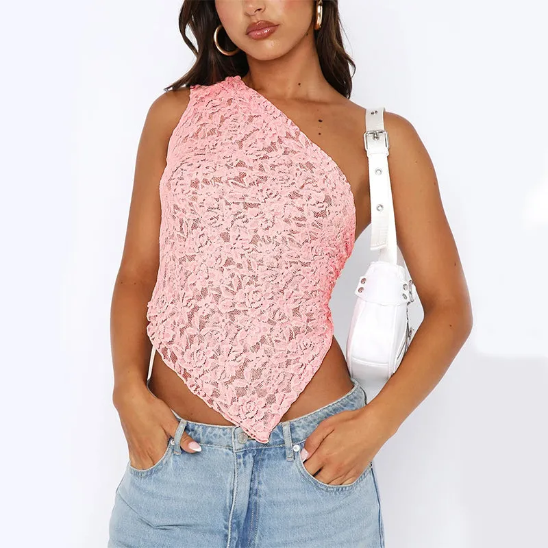 Lace Backless Top Summer Solid Color Waistless Asymmetrical Sloped Neck Vest Streetwear Womens Clothes