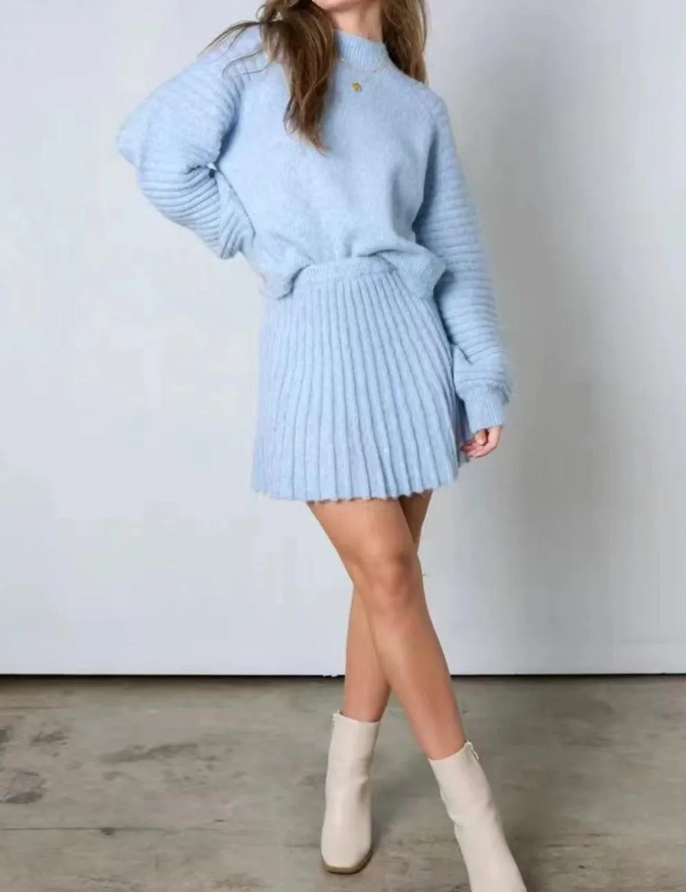 Ladies Solid Color Pullover Sweater Dress & Mini Skirt Set SKST41008