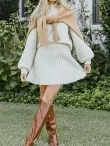 Ladies Solid Color Pullover Sweater Dress & Mini Skirt Set SKST41008