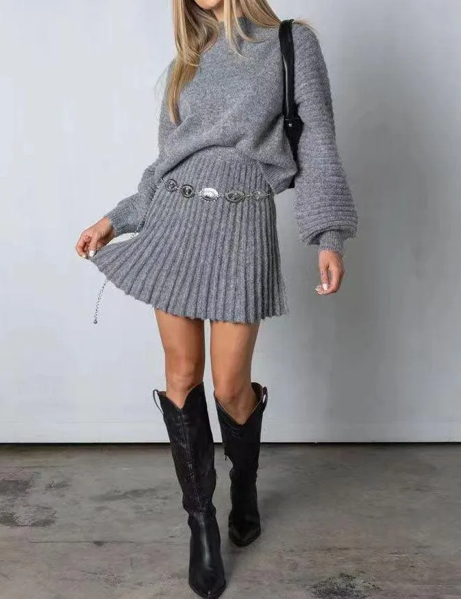 Ladies Solid Color Pullover Sweater Dress & Mini Skirt Set SKST41008