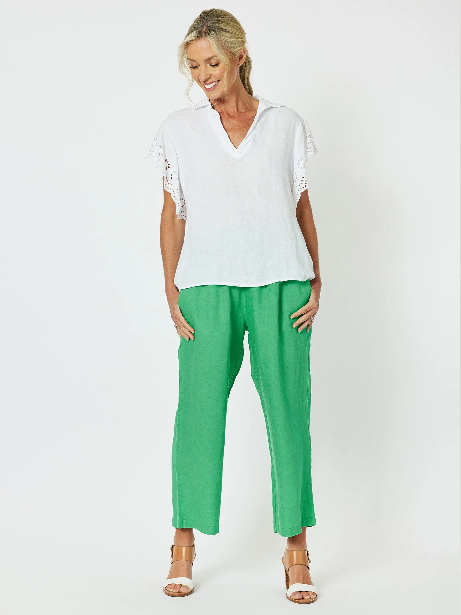 Lara Linen Wide Leg Pant - Emerald