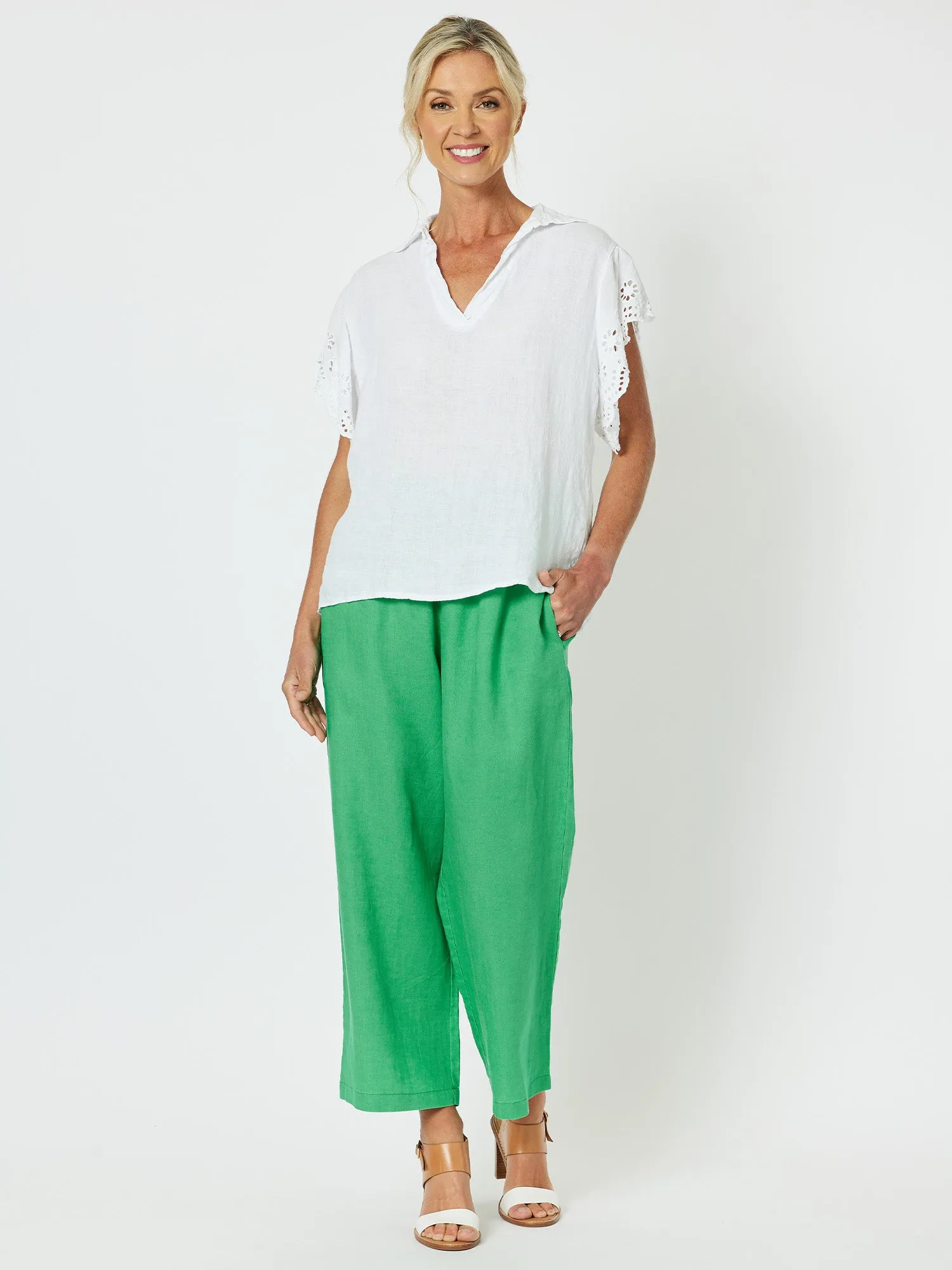 Lara Linen Wide Leg Pant - Emerald