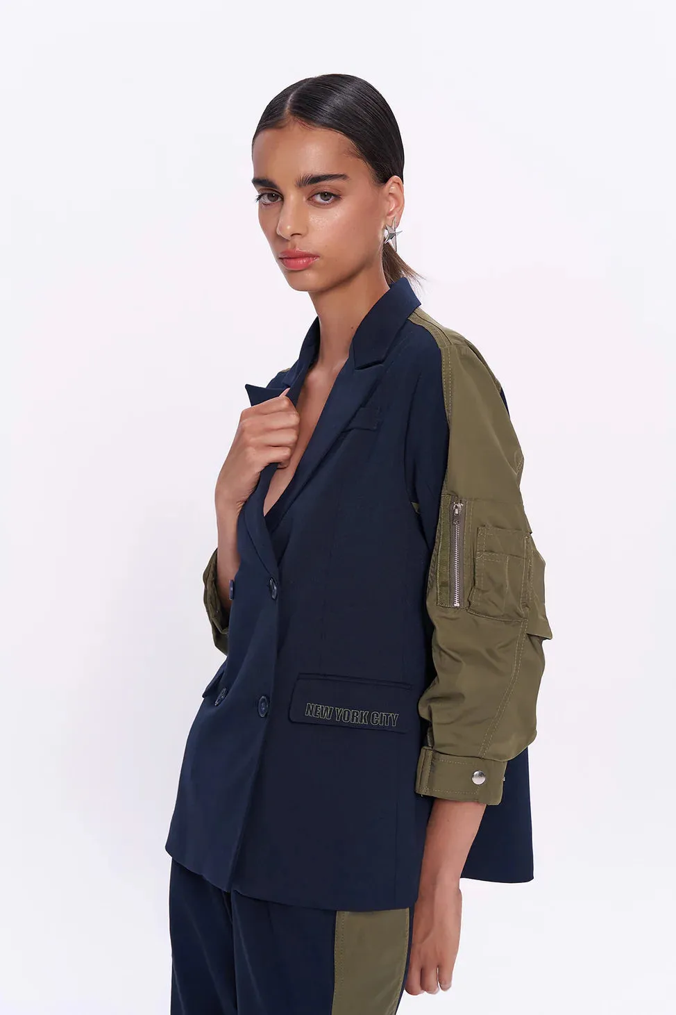 Match Detailed Sleeve Pocket Blazer Jacket Navy Blue