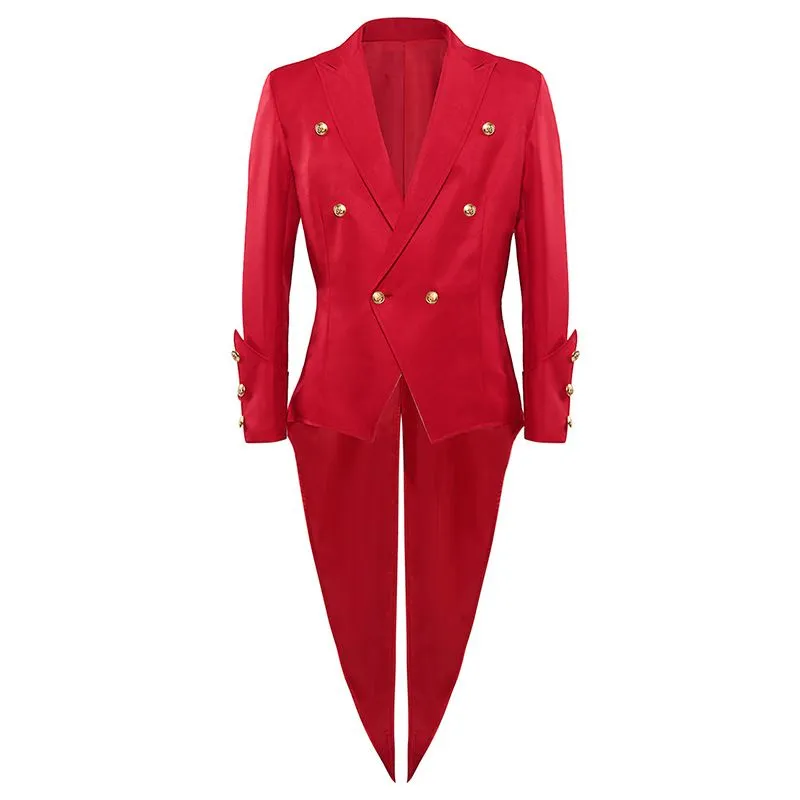 Mens Red Medieval Vintage Tuxedo Jacket Lapel Buttons Lightweight Blazer Swallowtail with Tie