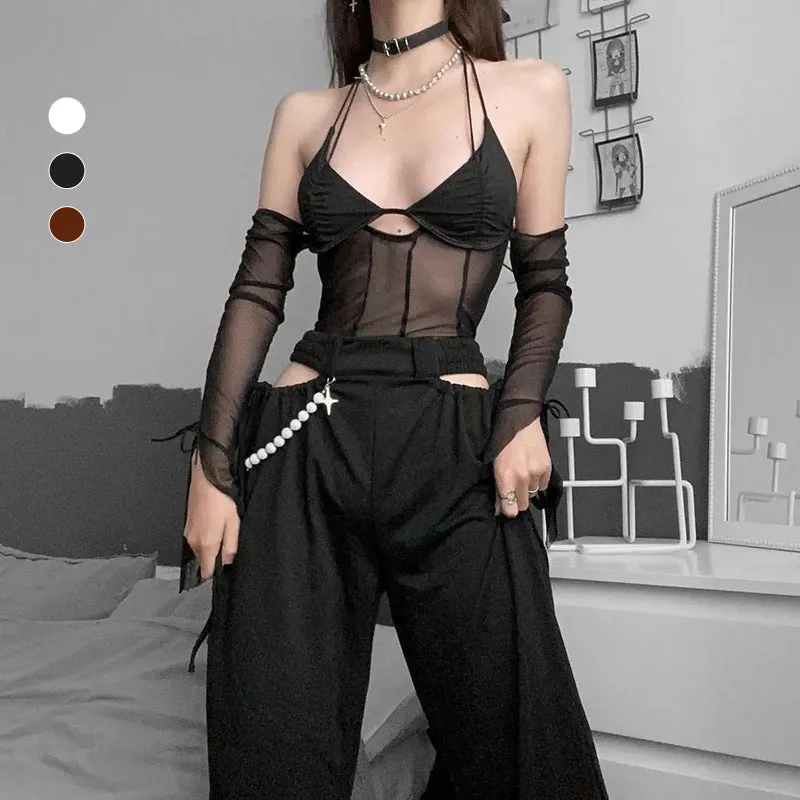 Mesh Sheer Off Shoulder Halter Top