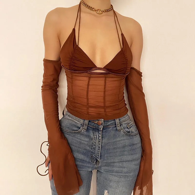 Mesh Sheer Off Shoulder Halter Top