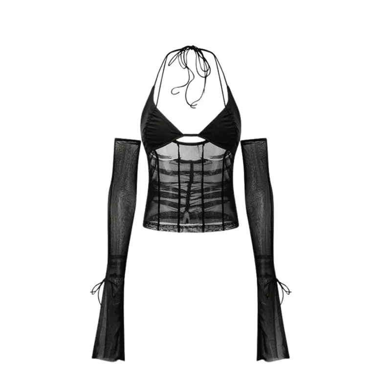 Mesh Sheer Off Shoulder Halter Top