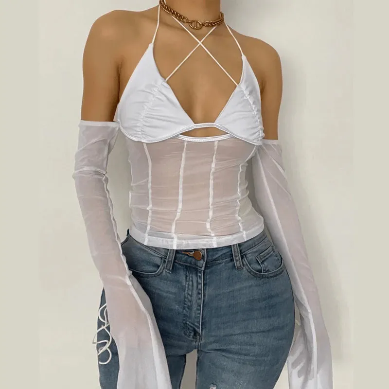 Mesh Sheer Off Shoulder Halter Top