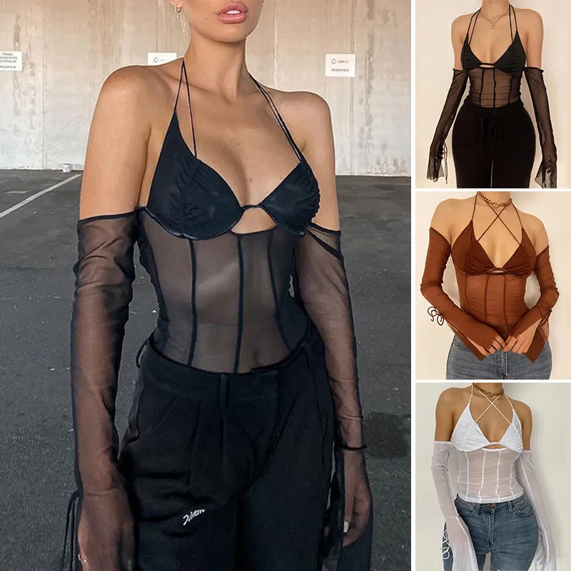 Mesh Sheer Off Shoulder Halter Top