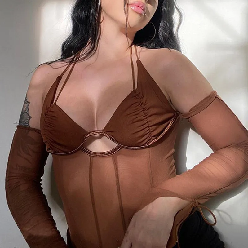 Mesh Sheer Off Shoulder Halter Top