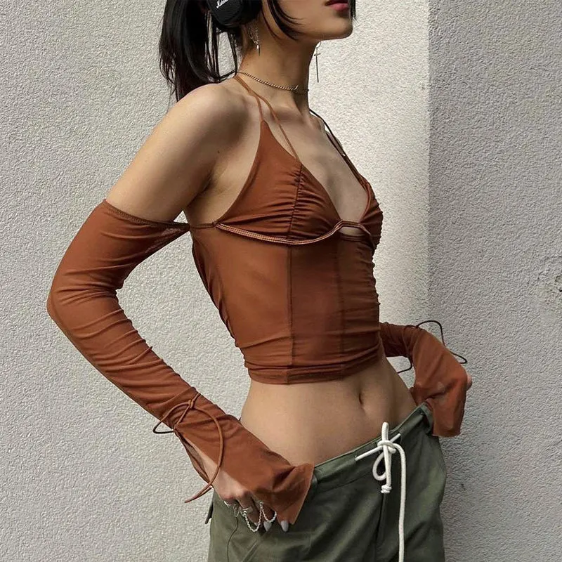 Mesh Sheer Off Shoulder Halter Top