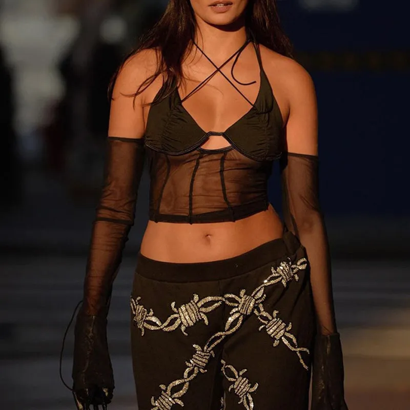 Mesh Sheer Off Shoulder Halter Top