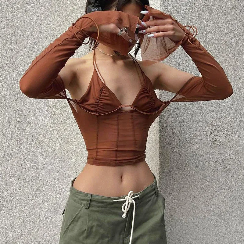 Mesh Sheer Off Shoulder Halter Top
