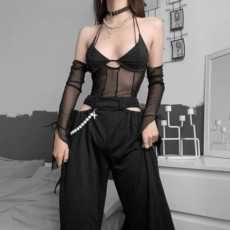 Mesh Sheer Off Shoulder Halter Top