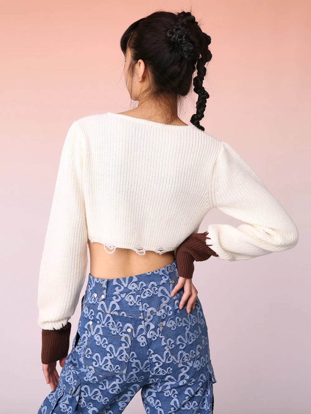 MUKZIN Off-White Brown Mosaic Cropped Sweater