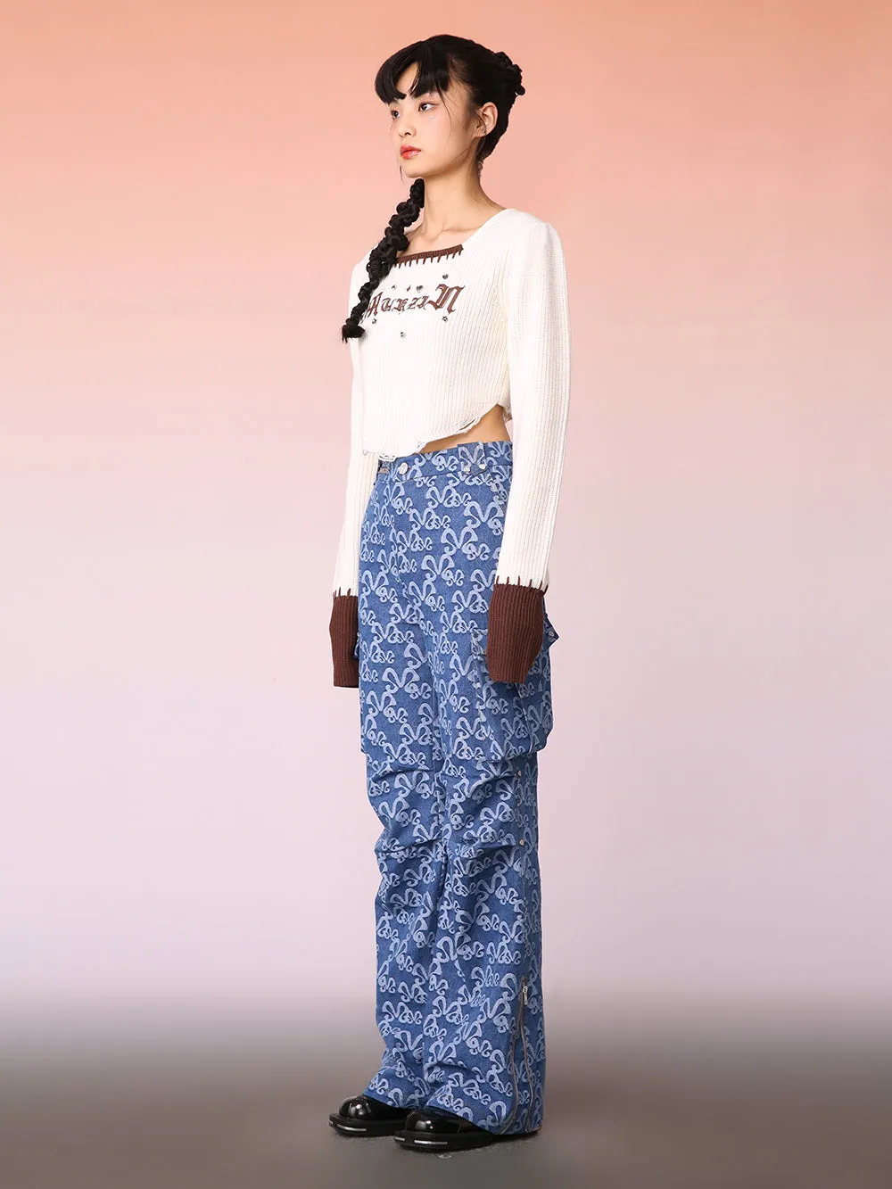 MUKZIN Off-White Brown Mosaic Cropped Sweater