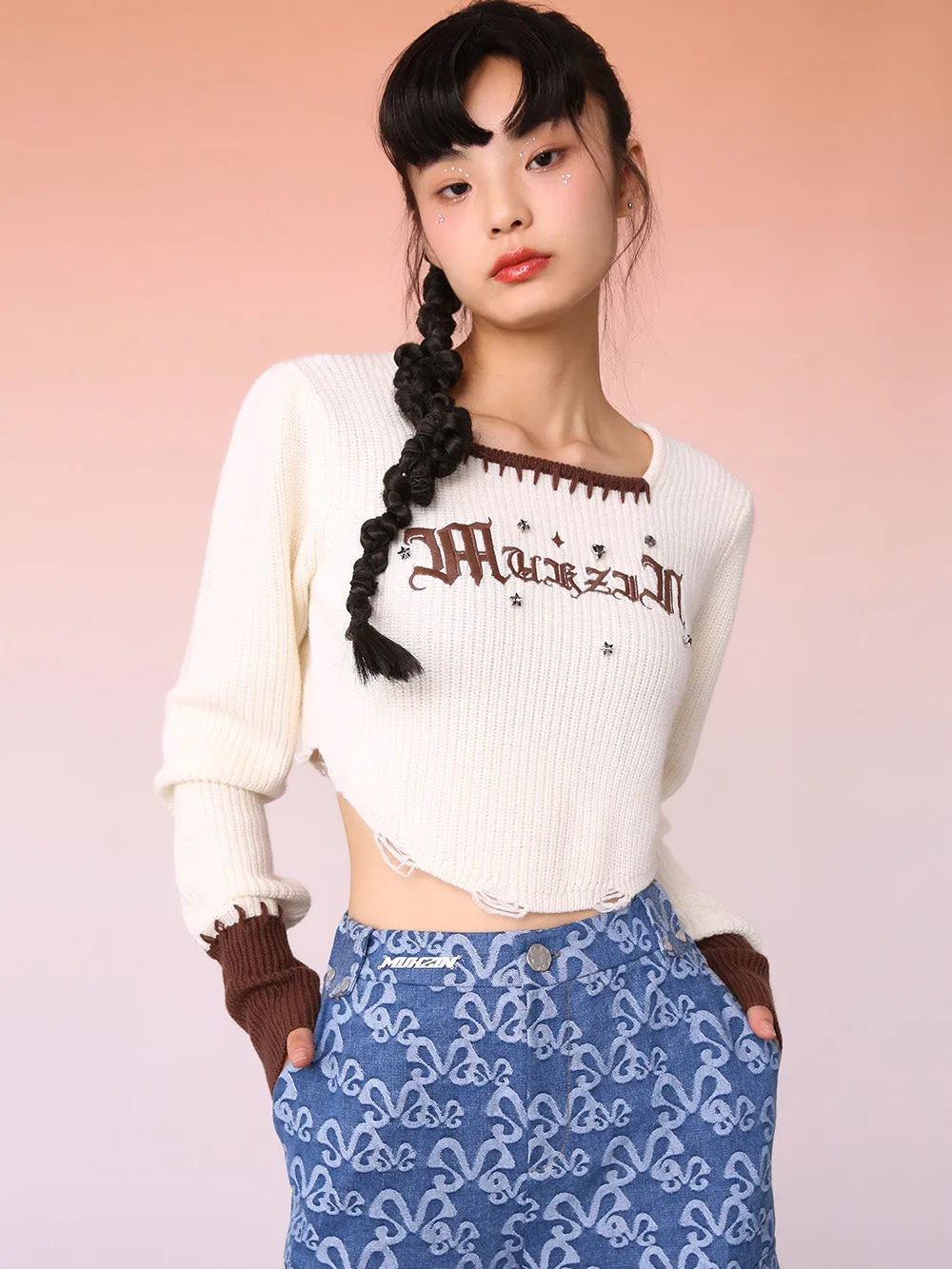 MUKZIN Off-White Brown Mosaic Cropped Sweater