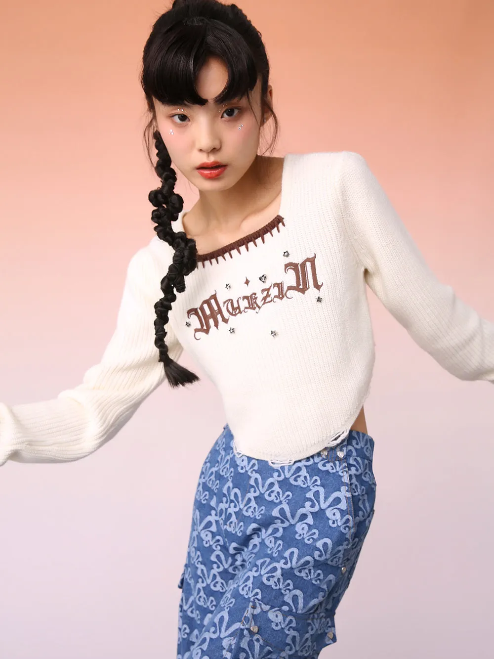 MUKZIN Off-White Brown Mosaic Cropped Sweater