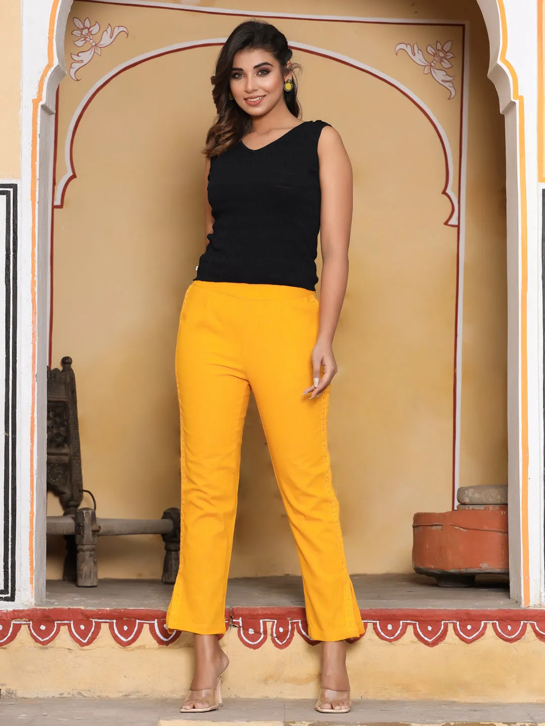 Mustard Ethnic Wear Cotton Pants With Lace
