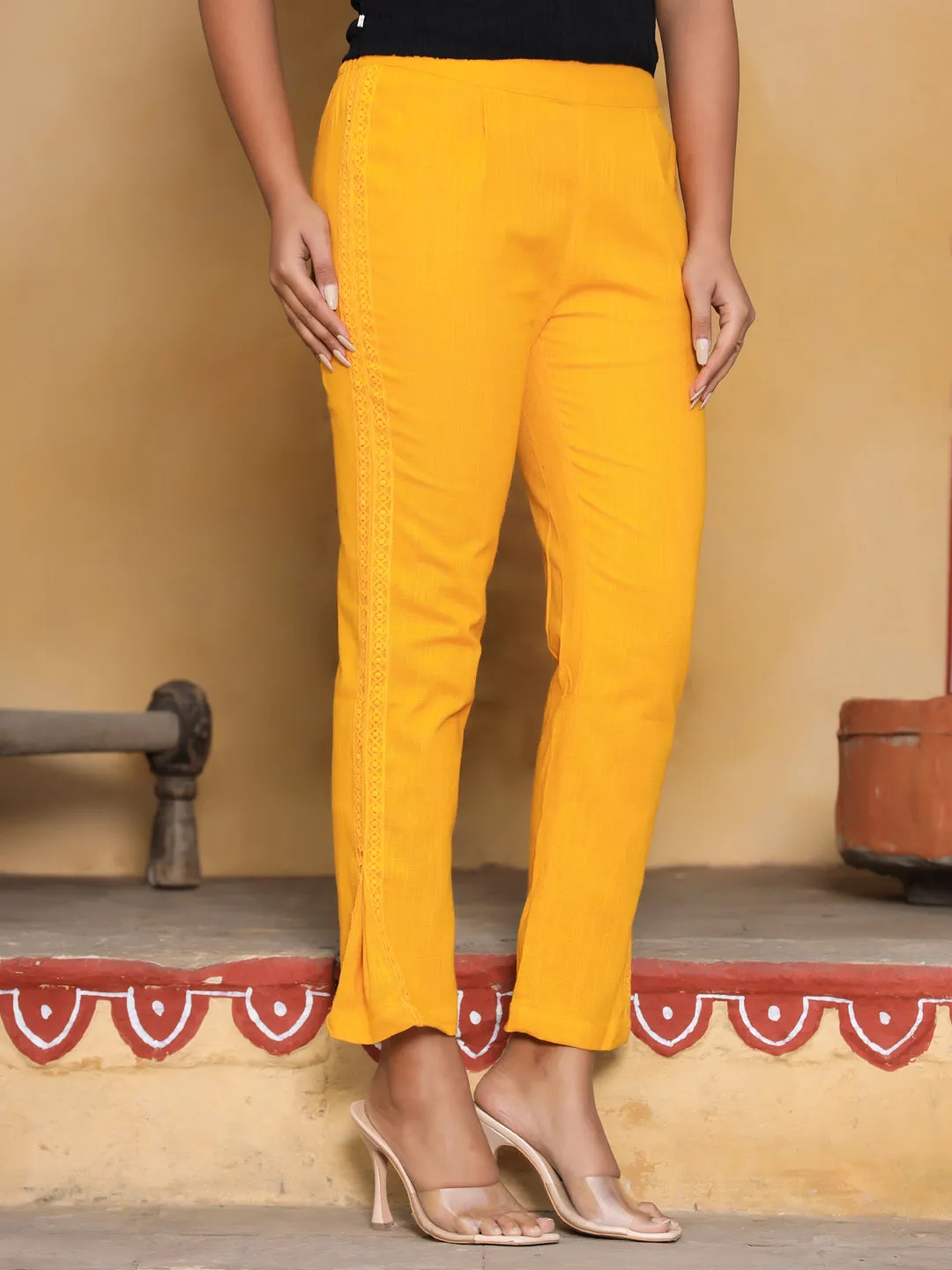 Mustard Ethnic Wear Cotton Pants With Lace