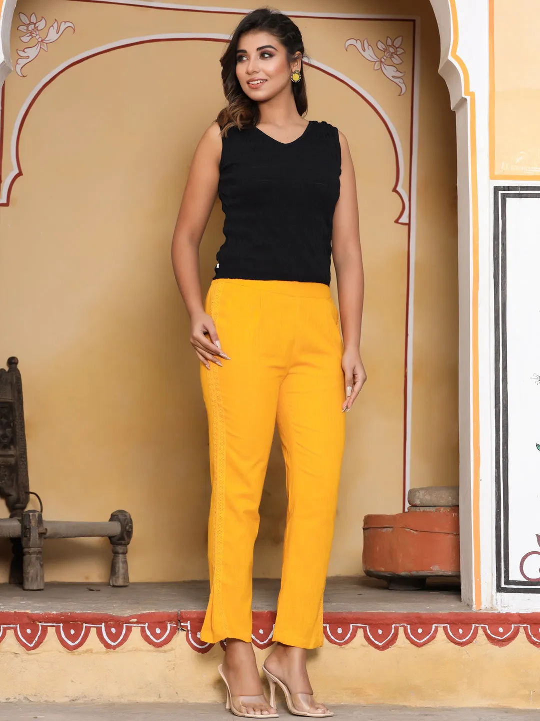 Mustard Ethnic Wear Cotton Pants With Lace