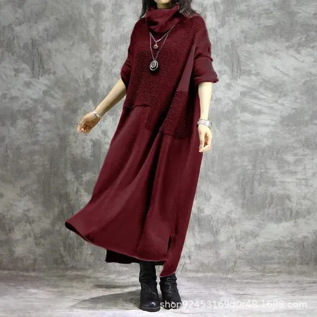 New Fashion Muslim Long Casual Sleeve Dress Solid Color Sweater With Irregular Stitching High Collars Dress 2XL Z2264