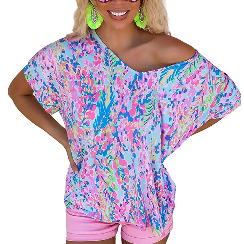 New Floral Painted T-shirt V-neck Short Sleeve Top