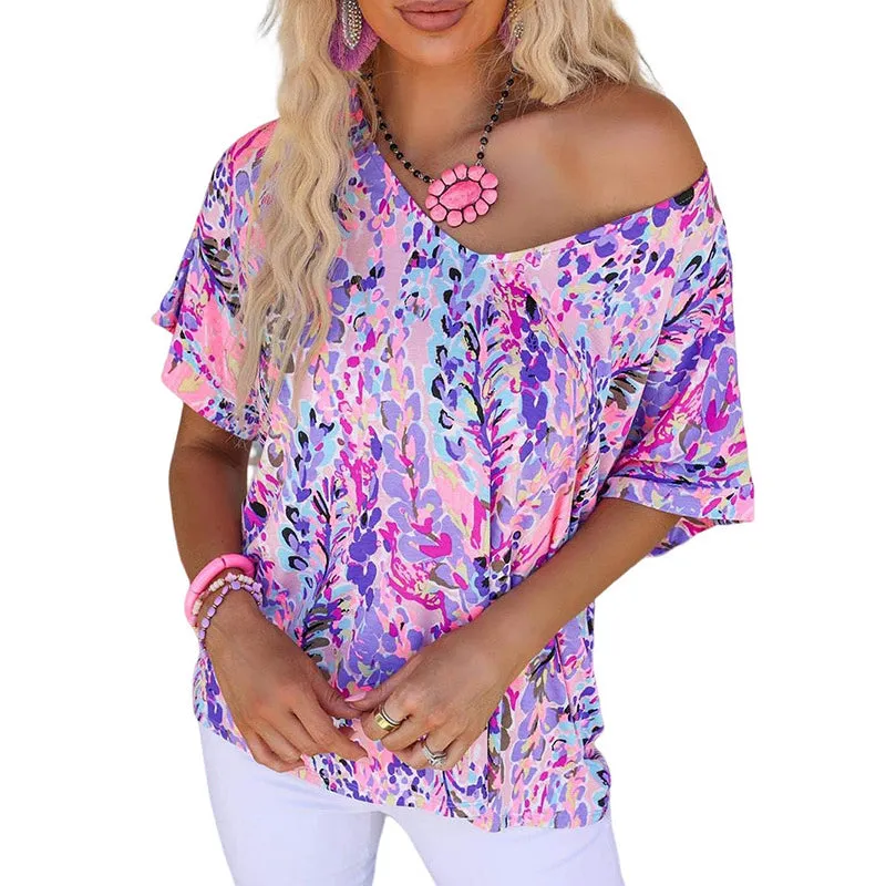 New Floral Painted T-shirt V-neck Short Sleeve Top
