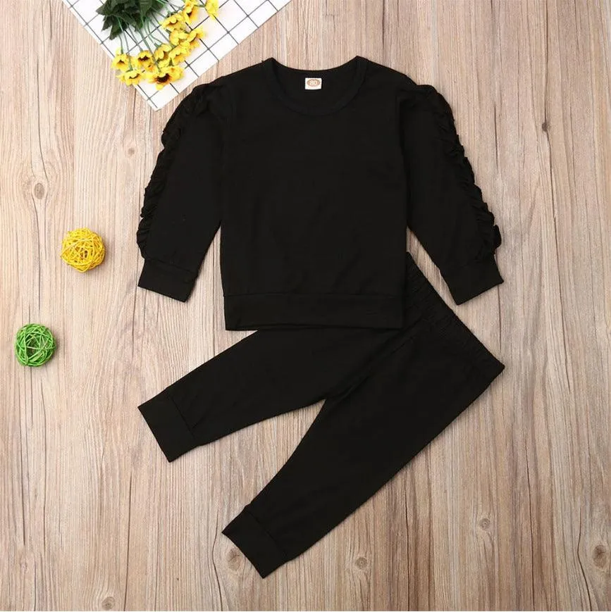 Newborn Baby Boys Girls Ruffles Jumper Solid Long Sleeve Sweatshirt & Pants 2Pcs Outfits Set – Fall Clothing