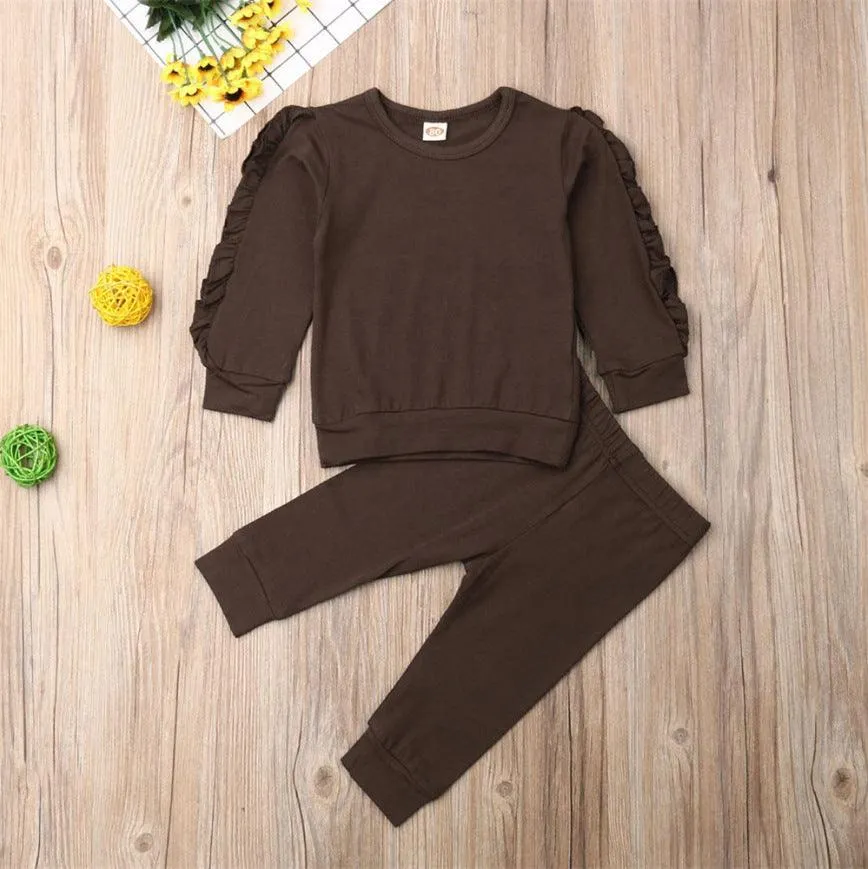 Newborn Baby Boys Girls Ruffles Jumper Solid Long Sleeve Sweatshirt & Pants 2Pcs Outfits Set – Fall Clothing
