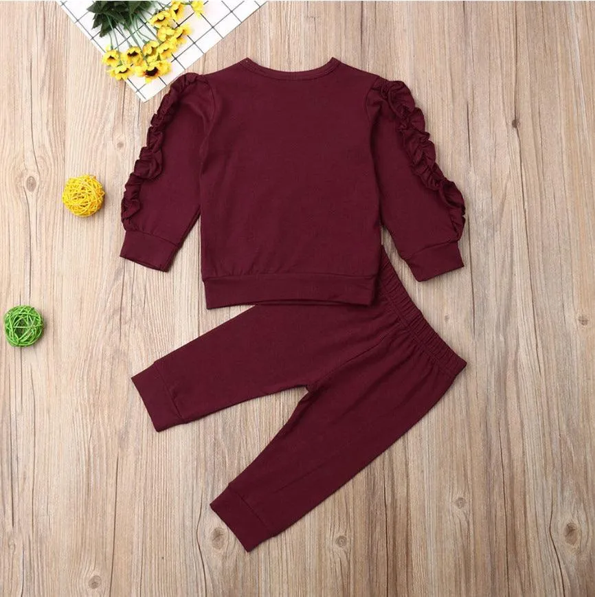 Newborn Baby Boys Girls Ruffles Jumper Solid Long Sleeve Sweatshirt & Pants 2Pcs Outfits Set – Fall Clothing