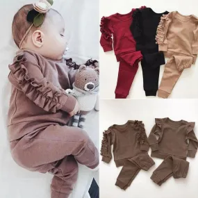 Newborn Baby Boys Girls Ruffles Jumper Solid Long Sleeve Sweatshirt & Pants 2Pcs Outfits Set – Fall Clothing
