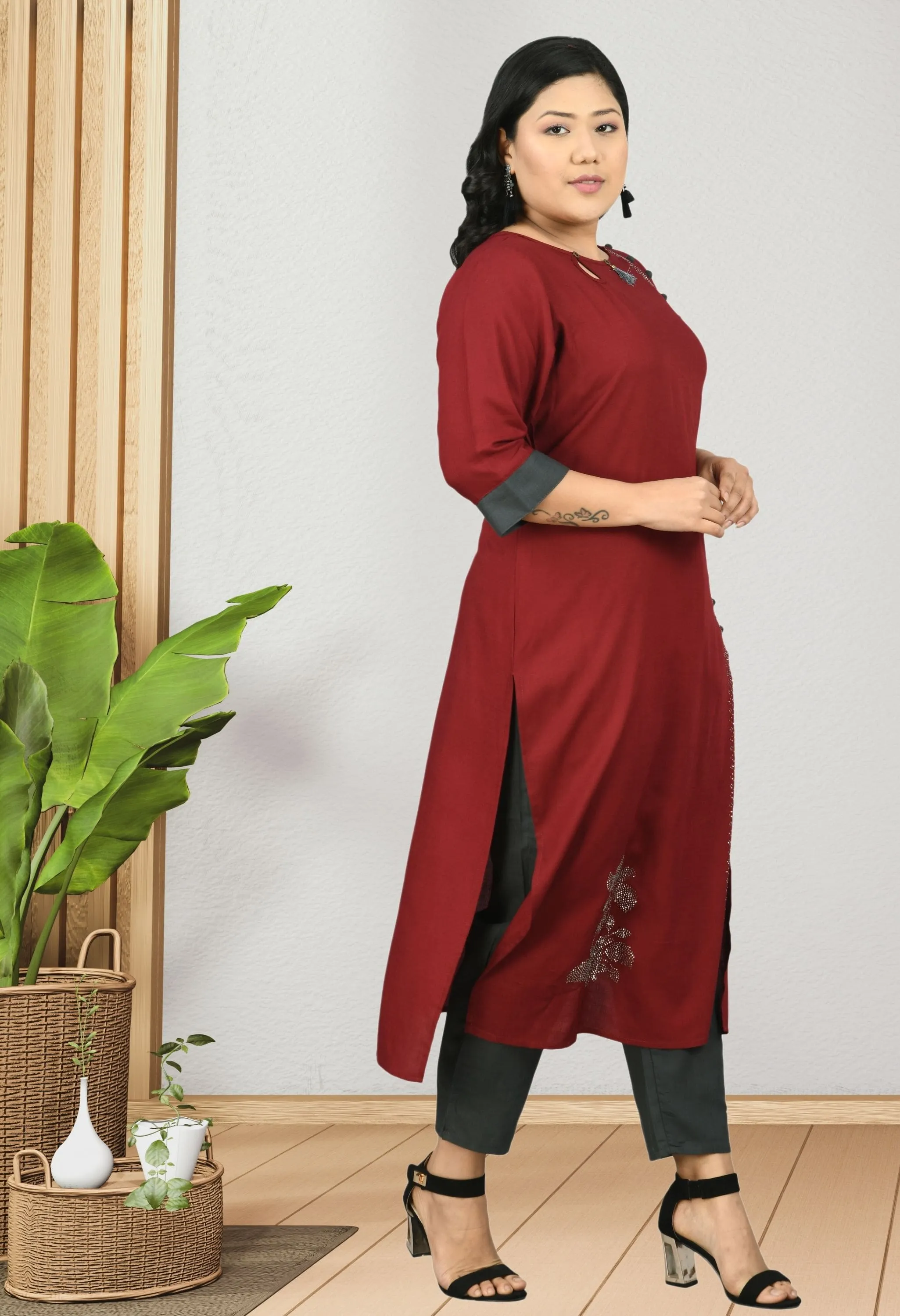 Plus Size Maroon Kurta Pant Set