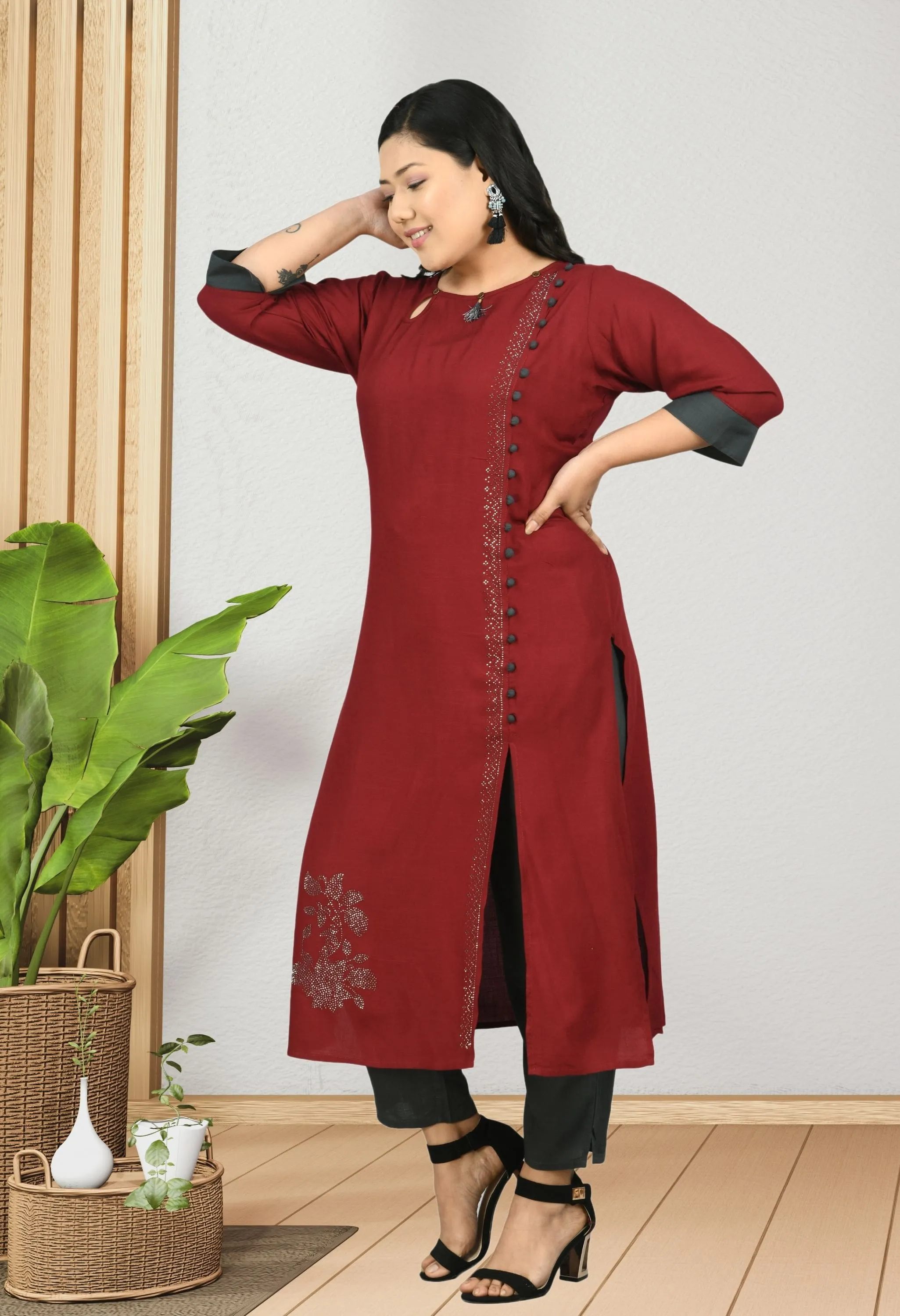 Plus Size Maroon Kurta Pant Set