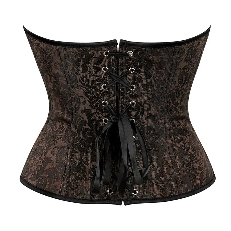 Plus Size Women's Overbust Brown Corset Bustier Satin Floral Lace up Trim Renaissance