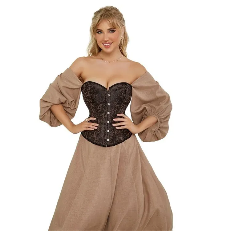 Plus Size Women's Overbust Brown Corset Bustier Satin Floral Lace up Trim Renaissance