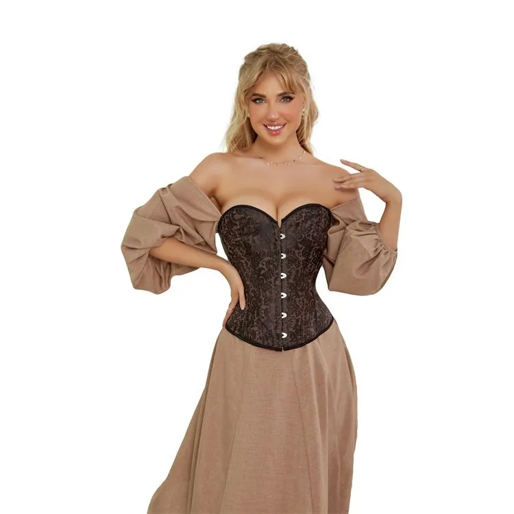 Plus Size Women's Overbust Brown Corset Bustier Satin Floral Lace up Trim Renaissance