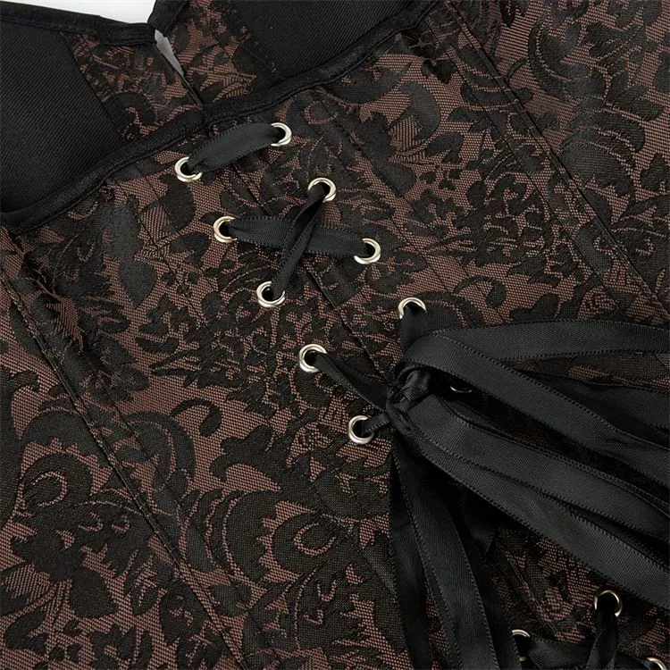 Plus Size Women's Overbust Brown Corset Bustier Satin Floral Lace up Trim Renaissance