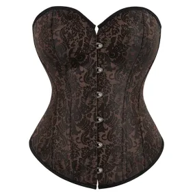 Plus Size Women's Overbust Brown Corset Bustier Satin Floral Lace up Trim Renaissance