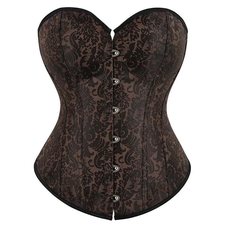Plus Size Women's Overbust Brown Corset Bustier Satin Floral Lace up Trim Renaissance