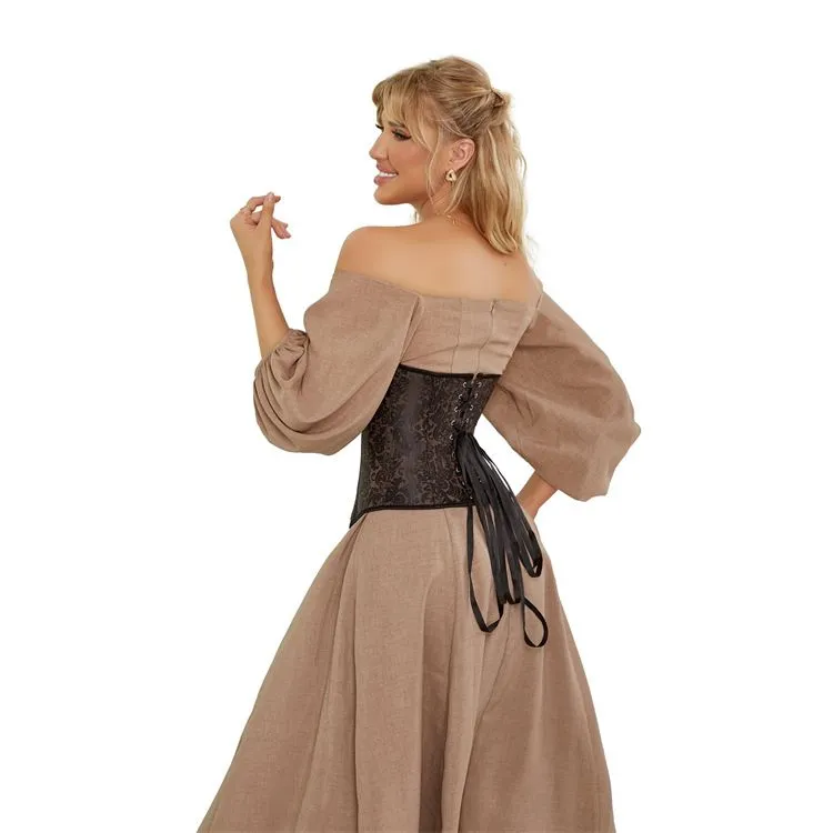 Plus Size Women's Overbust Brown Corset Bustier Satin Floral Lace up Trim Renaissance