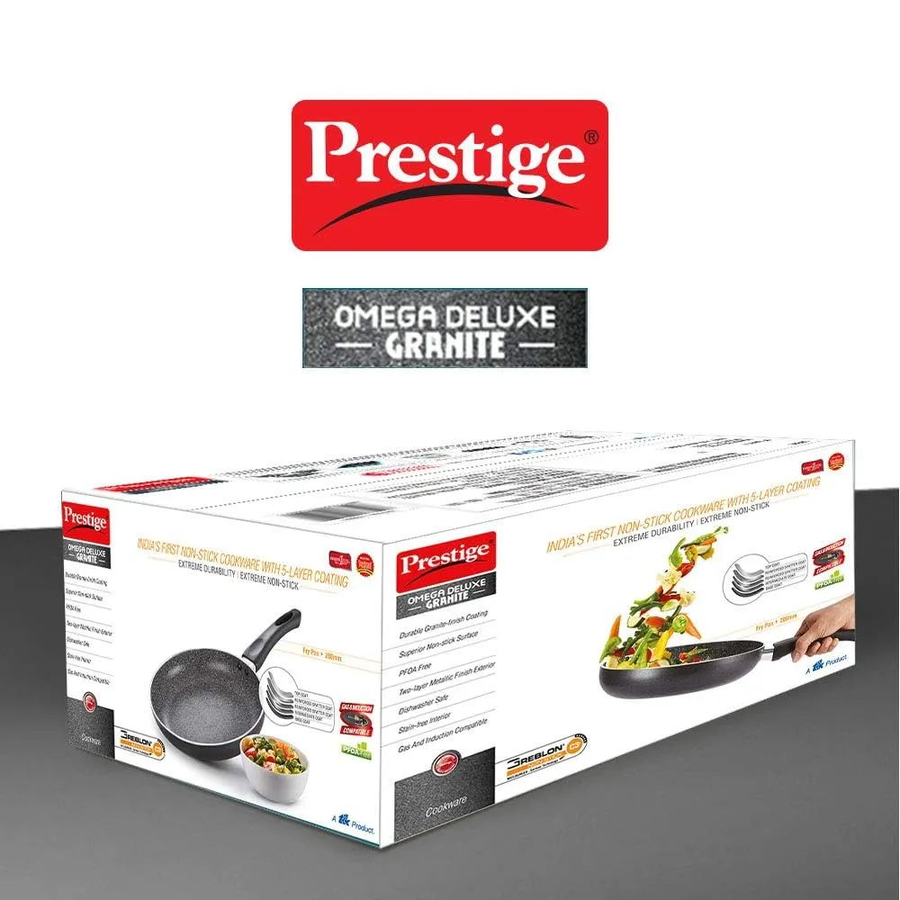 Prestige Non-Stick Omega Deluxe Granite Fry Pan with Lid | 26 Centimetre | Black | Induction Base | 5 Layer Non-Stick Cookware | Dishwasher Compatible