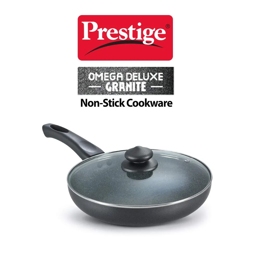 Prestige Non-Stick Omega Deluxe Granite Fry Pan with Lid | 26 Centimetre | Black | Induction Base | 5 Layer Non-Stick Cookware | Dishwasher Compatible